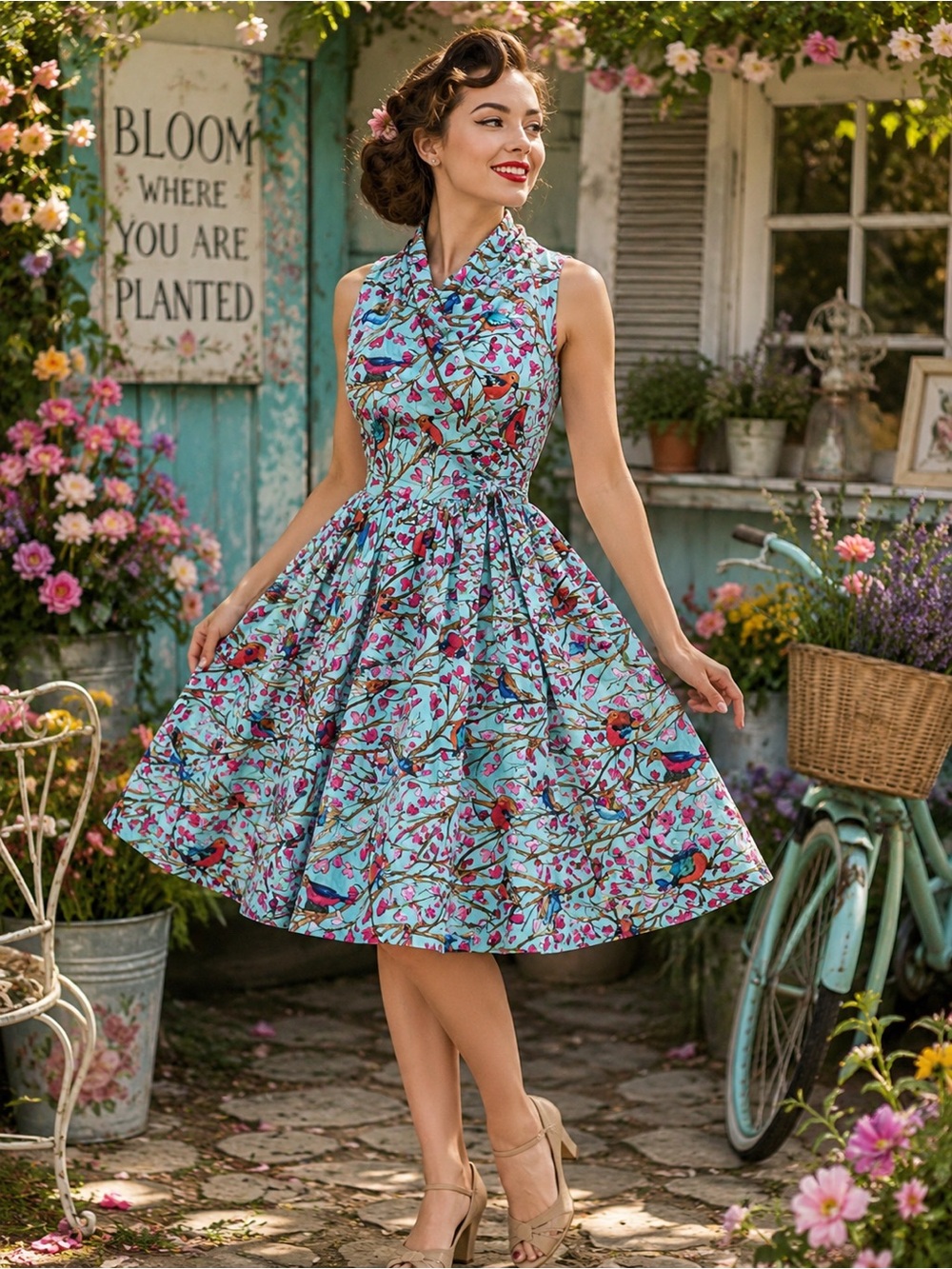 Retrolicious Printed Teal Bird Floral Dress